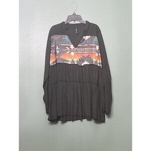 Crazy Train One Trick Pony Western Layered Black w/ Print Long Sleeve Blouse M
